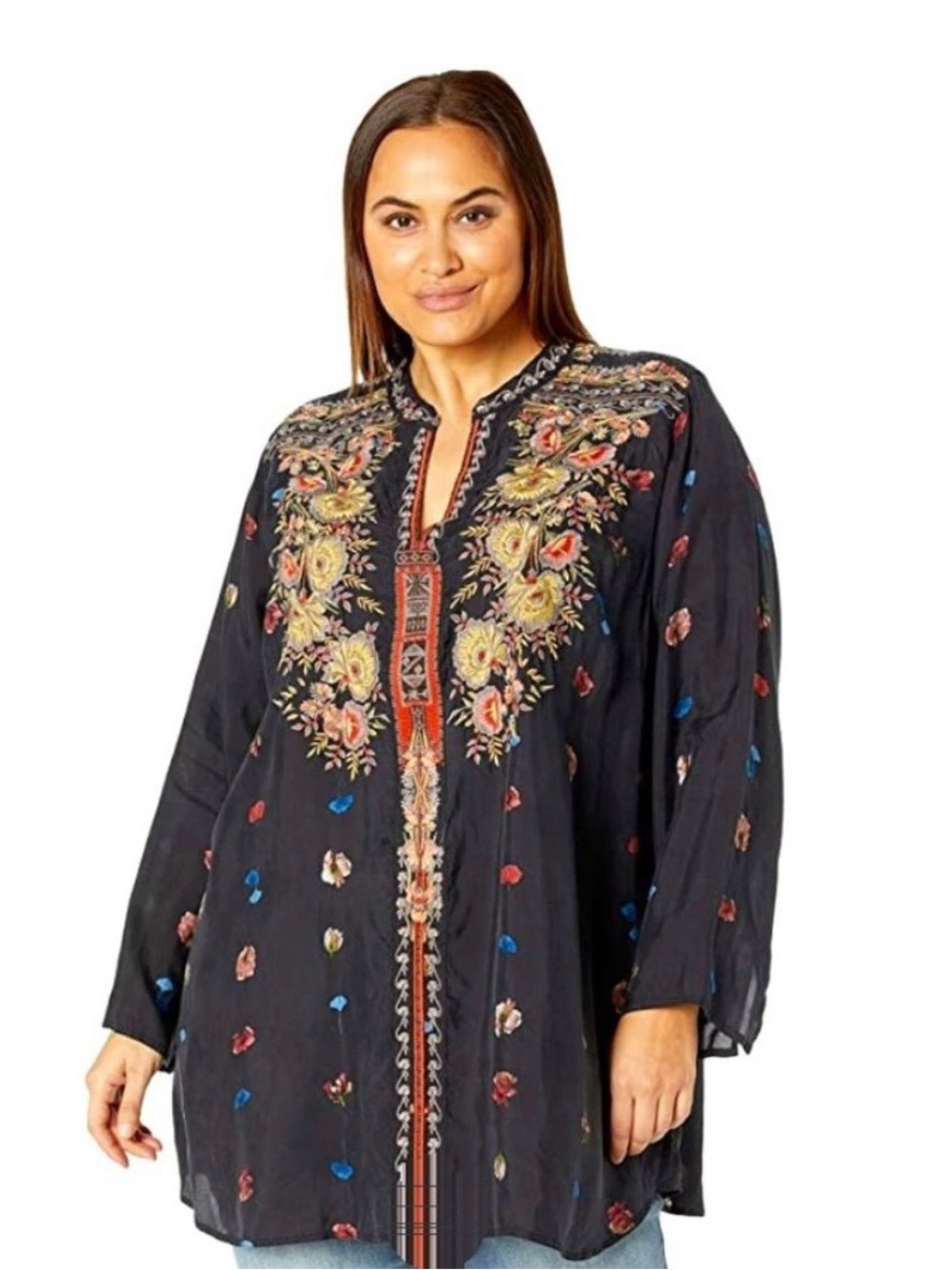 Johnny Was Bania Cupra Blouse Floral Embroidered Long Sleeve Tunic Top Sz 1X